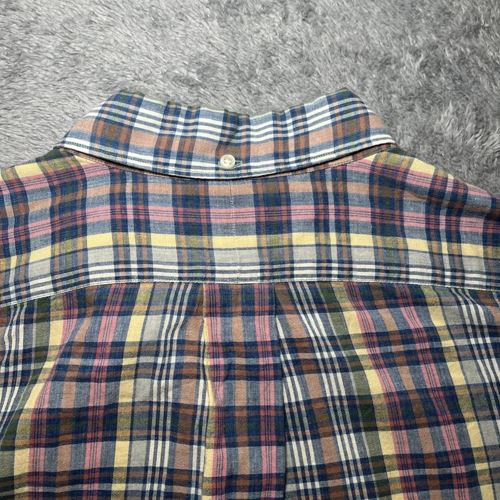 VTG Ralph Lauren Mcmeel Short Sleeve Plaid Polo Button Down Shirt Navy Pony SZ L
